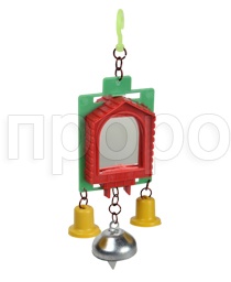 Зеркало для попугаев двойное с 1 железным и с 2 пластиковыми колокольчиками  Зеркало для попугаев двойное с 1 железным и с 2 пластиковыми колокольчиками