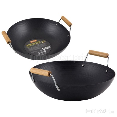 Сковорода ВОК углерод. сталь D32см LARGO с дерев. ручками   Сковорода ВОК углерод. сталь D32см LARGO с дерев. ручками