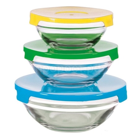 Набор стекл. мисок INSALATO 3шт (360+510+920мл) с пластиковыми крышками  Набор стекл. мисок INSALATO 3шт (360+510+920мл) с пластиковыми крышками