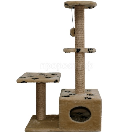 Когтеточка домик с 2-умя полками и домиком квадратная мех джут корич с игрушкой 114*66*38см/DONBARON